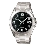 Reloj analógico Casio MTP1308D-1BVDF con caja y correa de acero inoxidable plateado, esfera negra con números arábigos blancos, indicador de fecha y resistencia al agua 50m.