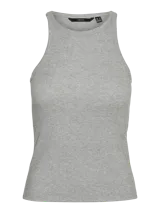 Musculosa gris de punto canalé con cuello redondo y sisas anchas.