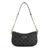 Bolso de hombro Guess Evelune chica, color negro con estampado del logo de la marca en gris. Tiene herrajes dorados, cierre superior con cremallera y correa de hombro con cadena dorada y cinta estampada.