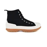 Championes de bota negros con cordones, suela marrón y plataforma blanca.