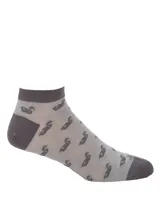 Calcetines tobilleros grises con estampado de patos negros y puntera, talón y borde superior en gris oscuro.