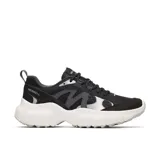 Championes Merrell Clover Tech para mujer, color negro con detalles en gris y plateado. Capellada de malla y material sintético, cordones y correas recicladas, plantilla FloatPro Foam y suela de goma Flexconnect.