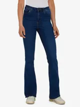 Pantalón de jean acampanado de tiro alto, color azul oscuro.