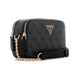Cartera de tamaño pequeño en color marrón con diseño logo y asas de cadena dorada.