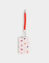 Llavero con portatarjeta estampado con diseño de gatos y flores, incluye strap de resorte color rojo.