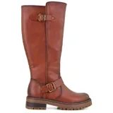 Bota alta negra de cuero sintético con detalles decorativos y cierre lateral.