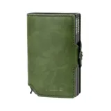 Billetera de cuero verde con doble compartimento de aluminio para tarjetas, con sistema de deslizamiento y tecnología RFID.