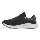 Championes de running Under Armour Charged Aurora, color negro con detalles estampados en azul y naranja, suela blanca y cordones moteados.