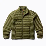 Campera verde oliva para hombre, con aislamiento DownPlus+ y Primaloft, diseño Backvent en la espalda para mayor ventilación e insulación, acabado de repelencia al agua duradera (DWR) para resistencia al viento y al agua, poliéster Ripstop con tecnología patentada de aislamiento Downplus+, 65% Plumón impermeable sustentable y 35% Primaloft Eco Gold, dos bolsillos seguros, se puede plegar y guardar en el bolsillo izquierdo, compatible con audífonos y protege de una lluvia moderada.