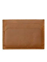 Tarjetero de cuero color marrón con múltiples ranuras para tarjetas y logo de la marca grabado en el frente.