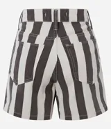 Short mom de cintura alta a rayas verticales en tonos beige y marrón, con trabillas en la cintura, cierre tradicional y bolsillos.