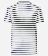 Remera de algodón a rayas horizontales blancas y azules, con cuello redondo y manga corta. Presenta un estampado de cereza con moño en el pecho.