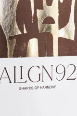 Camiseta blanca de algodón con cuello redondo, manga corta y estampado metalizado en el frente con formas abstractas y texto "AILGN92 SHAPES OF HARMONY".