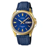 Reloj Casio con caja dorada, esfera azul con detalles dorados y correa de cuero azul. Resistente al agua hasta 50 metros.