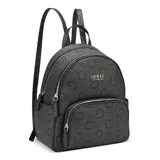 Mochila Guess negra con estampado del logo de la marca. Tiene un bolsillo frontal con cremallera, bolsillos laterales y múltiples bolsillos interiores.
