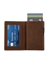 Billetera marrón de cuero sintético con capacidad para 7 a 9 tarjetas. Cuenta con sistema de acceso rápido emergente y bloqueo RFID y NFC.