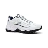 Championes Skechers E'Lite Afterburn blancos con detalles en azul marino. Capellada de cuero y material sintético con cordones. Plantilla acolchada Skechers Memory Foam y suela de tracción flexible.