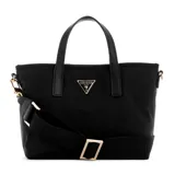 Cartera tote negra Guess Eco Gemma con doble asa corta, correa larga extraíble y logo triangular dorado en el frente.