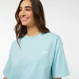 Camiseta celeste de manga corta con cuello redondo y estampado de Mickey Mouse surfeando.