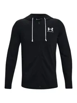 Campera Under Armour Rival Terry, color gris jaspeado, con cierre frontal completo, capucha con cordones ajustables y logo estampado en el pecho.