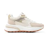 Championes urbanos Korium Mina color beige con detalles dorados, confeccionados en malla y cuero sintético, con plataforma blanca y suela marrón.