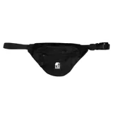 Riñonera negra con tres compartimentos con cierre y correa ajustable con hebilla. Incluye logo estampado en blanco.
