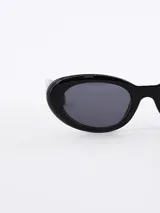 Lentes de sol color negro con forma ovalada y lentes oscuros.