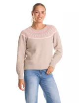 Buzo de punto color beige, con cuello a la base y silueta clásica de hombros relajados. Presenta una guarda tejida con motivos geométricos en tonos rosados, blancos y grises en el canesú. Puños y ruedo con acabado acanalado.