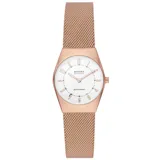 Reloj Skagen para mujer, modelo Solar Powered, con caja de acero color oro rosa de 26mm y malla metálica a tono. Esfera blanca mate con números arábigos y agujas en oro rosa. Resistente al agua hasta 30 metros.