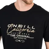 Remera de manga corta color negro con cuello redondo. Estampado frontal en dorado con el texto "O'Neill California Santa Cruz The Original Surf Supply Co." y un logo circular debajo.