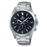 Reloj Casio Edifice con caja y correa de acero plateado, esfera negra con tres subesferas para el cronógrafo y ventana de fecha a las 4.
