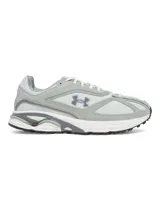 Zapatillas urbanas Under Armour HOVR Apparition, color gris claro con detalles en blanco y negro. Diseño retro inspirado en modelos de running de 2009, con capas superiores de ante y amortiguación UA HOVR.