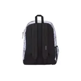 Mochila Jansport Cross Town con estampado de arcoíris, flores, soles y nubes en blanco y negro.