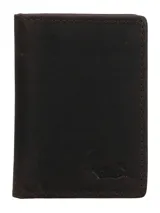 Billetera de cuero marrón oscuro, estilo bifold, con costuras visibles en los bordes y un logo grabado en relieve en la parte inferior derecha.