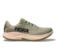 Championes de running Hoka Rincon 4, color verde con detalles en negro y suela en tonos rosa y verde.