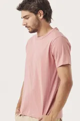 Remera gris de corte clásico con cuello redondo y mangas cortas.