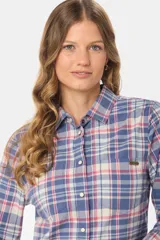 Camisa a cuadros azul, beige y rosa de algodón con dos bolsillos en el pecho, botones a presión y spandex para un mejor calce.