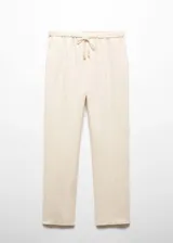 Pantalón crop de lino color crudo, de corte recto, con cintura elástica ajustable con cordón y bolsillos laterales.