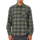 Camisa de franela a cuadros verde y negro, de manga larga, con cuello clásico, cierre frontal con botones y bolsillo en el pecho.