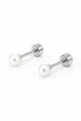 Par de caravanas abridoras doradas con perla blanca de 4mm, hechas de acero quirúrgico hipoalergénico.