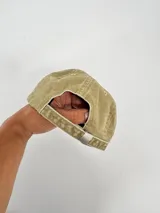 Gorro tipo gorra de béisbol color beige, con visera curva y estampado frontal con la palabra "HUDSUN" en naranja y blanco, y texto "It all started here 1975 sunset flower".