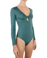 Body enterizo de lycra color verde petróleo, con escote en V y abertura en el centro del pecho.