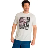 Remera de manga corta color crema con estampado de maquinaria de construcción y el logo de Caterpillar.