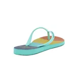 Ojotas de goma con base a rayas horizontales en azul, amarillo y naranja. Tiras de goma color celeste.