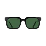 Lentes de sol rectangulares con marco de acetato negro y lentes verdes.