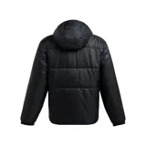 Campera aislante negra con capucha y logo de Under Armour en el pecho.