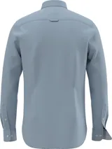 Camisa celeste de Tommy Hilfiger, corte slim, confeccionada en tejido dobby de algodón orgánico con tecnología TH Flex, cuello abotonado, mangas largas con puños redondeados con dos botones y logo bordado en el pecho.