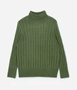 Polera de punto texturizado de rayas verticales color verde. Prenda alargada y con cuello alto.