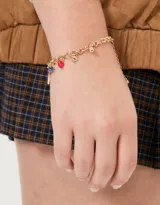 Pulsera dorada flexible de cadena con multidijes de naipes y corazones esmaltados.