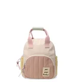Mochila multicolor con diseño acolchado y asas cortas, ideal para uso diario.